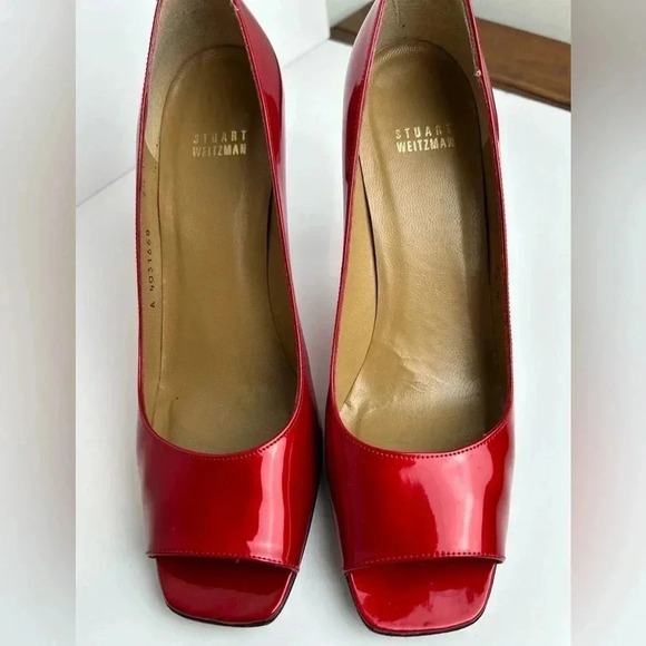 Stuart Weitzman “Linda” open toe patent leather red pumps, Like NEW Sexy Elegant - Picture 8 of 11